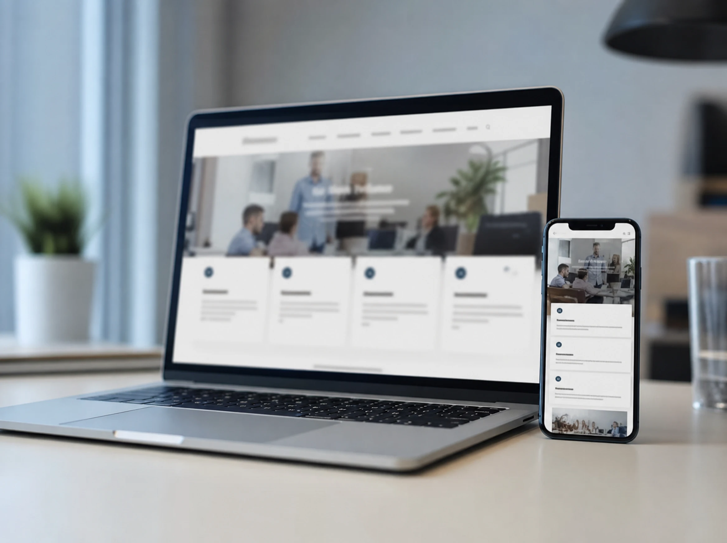 A sleek business website shown on a laptop and phone on a clean desk