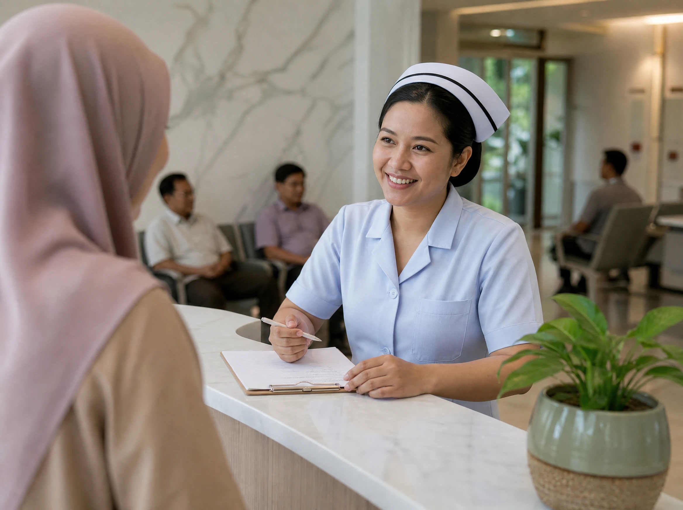 Nurse greeting a patient at a Malaysian clinic reception