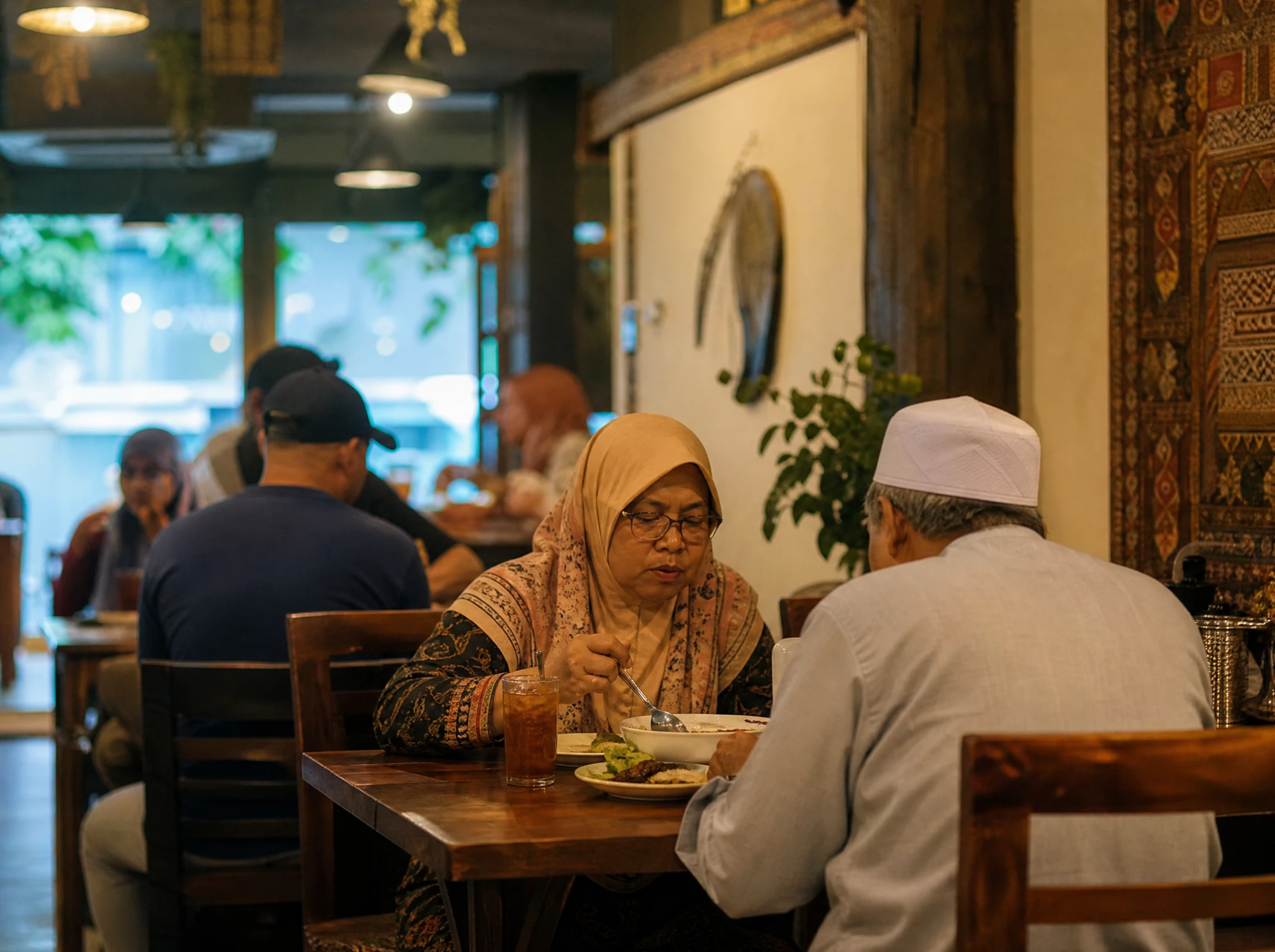 Customers dining in a cozy Malaysian halal restaurant