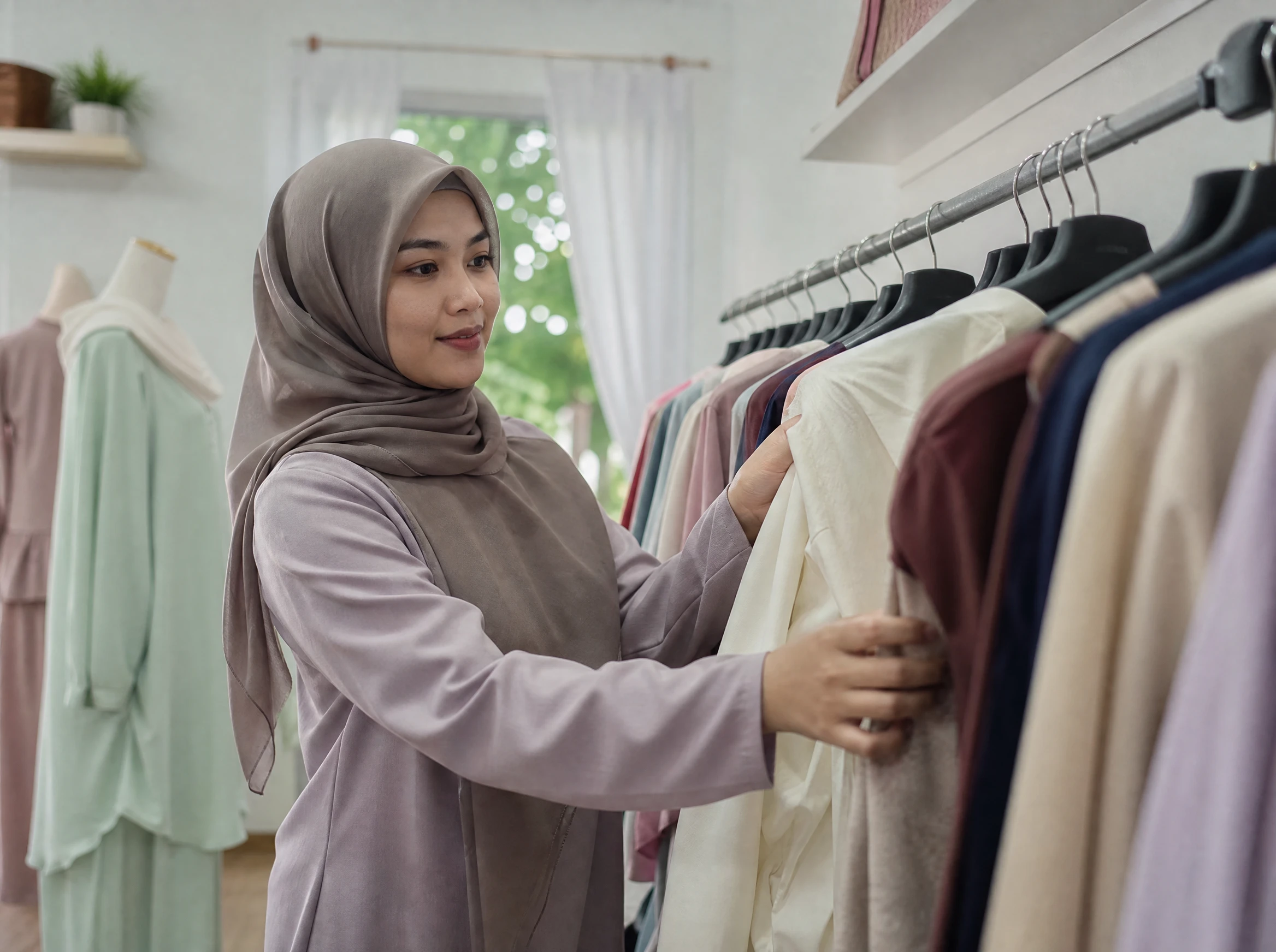 Malaysian boutique owner arranging clothes in her shop