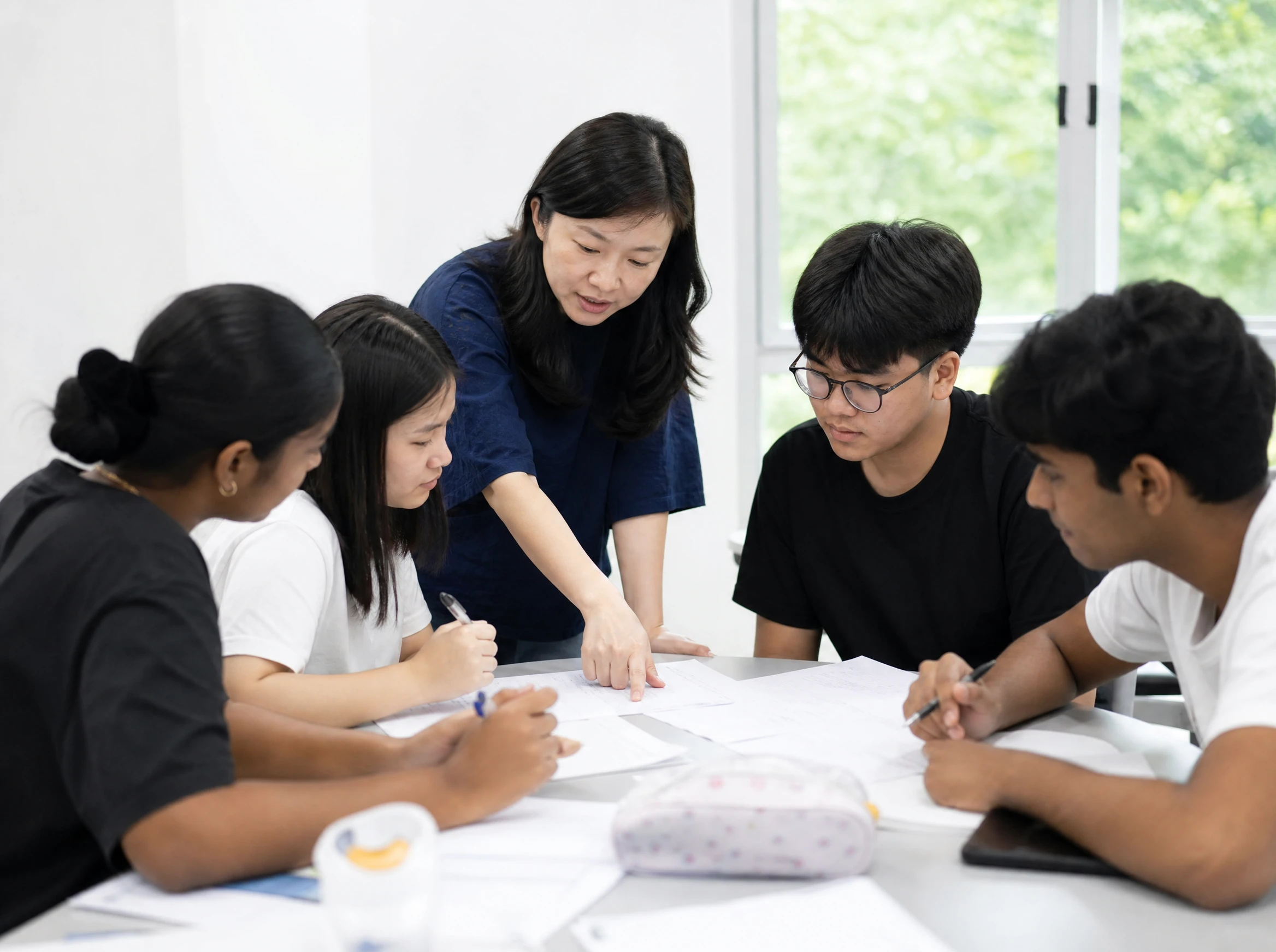 Teacher guiding students in a Malaysian tuition class