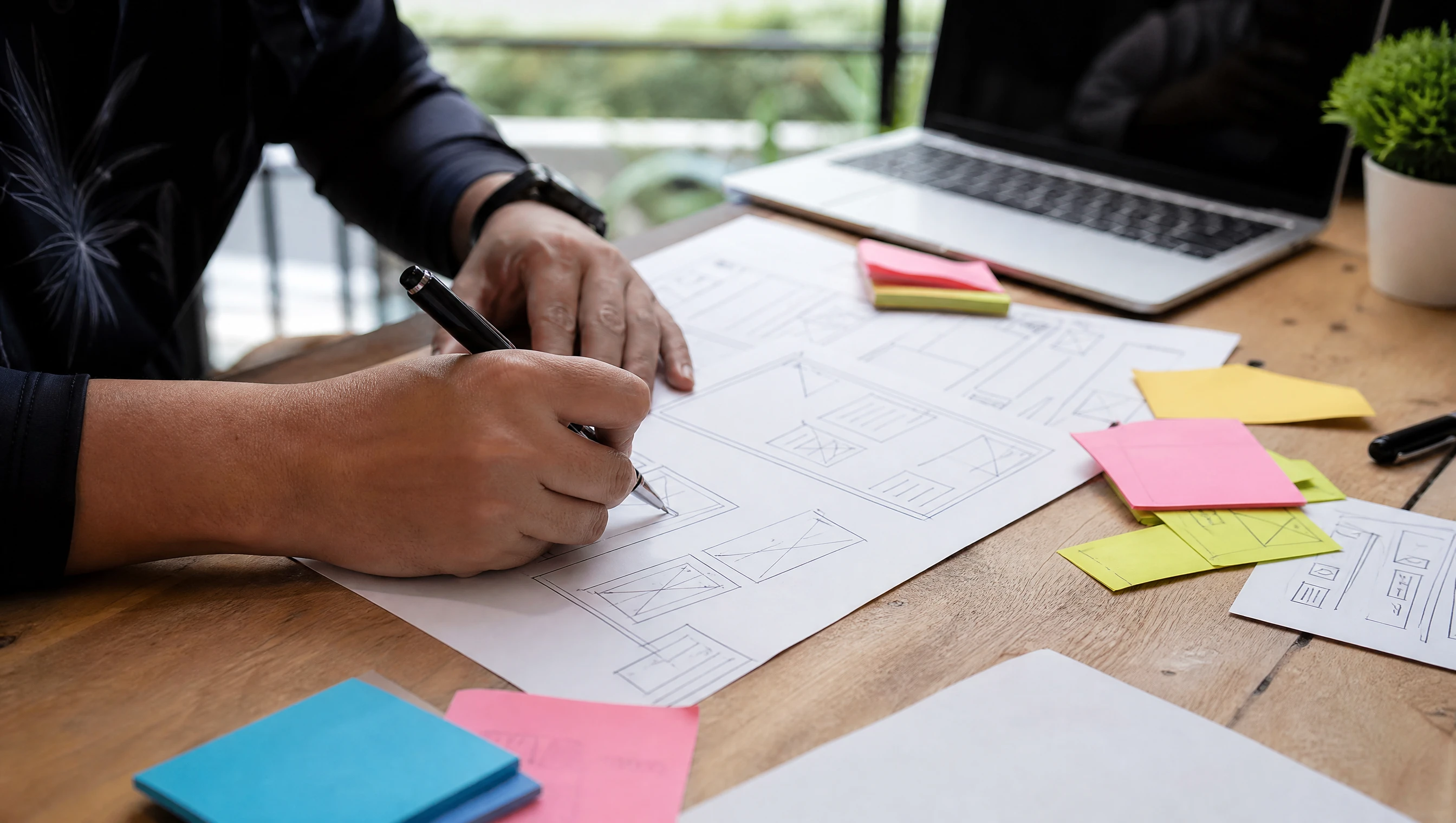 Hands sketching website wireframes with sticky notes on a desk