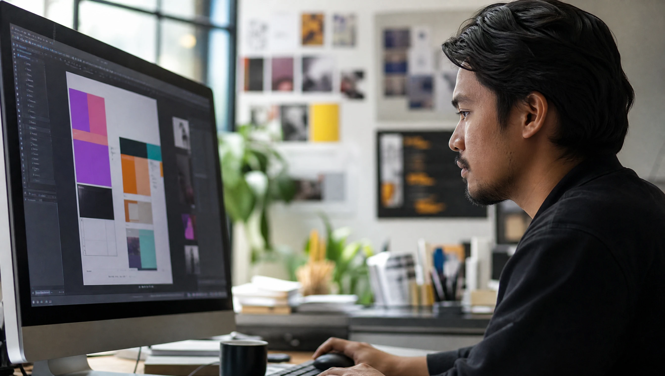 Malaysian designer working on a website UI design on a large monitor