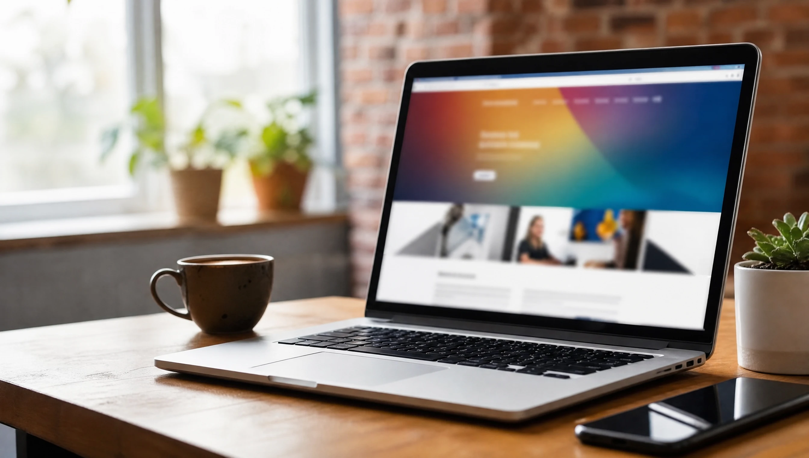 Laptop showing a finished business website on a clean desk