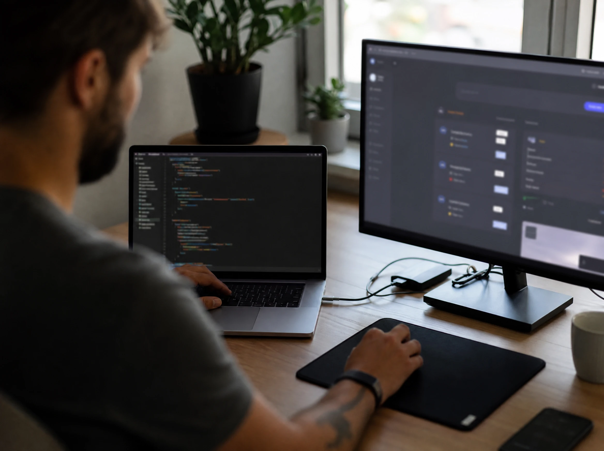 Developer desk with clean code and a web application interface