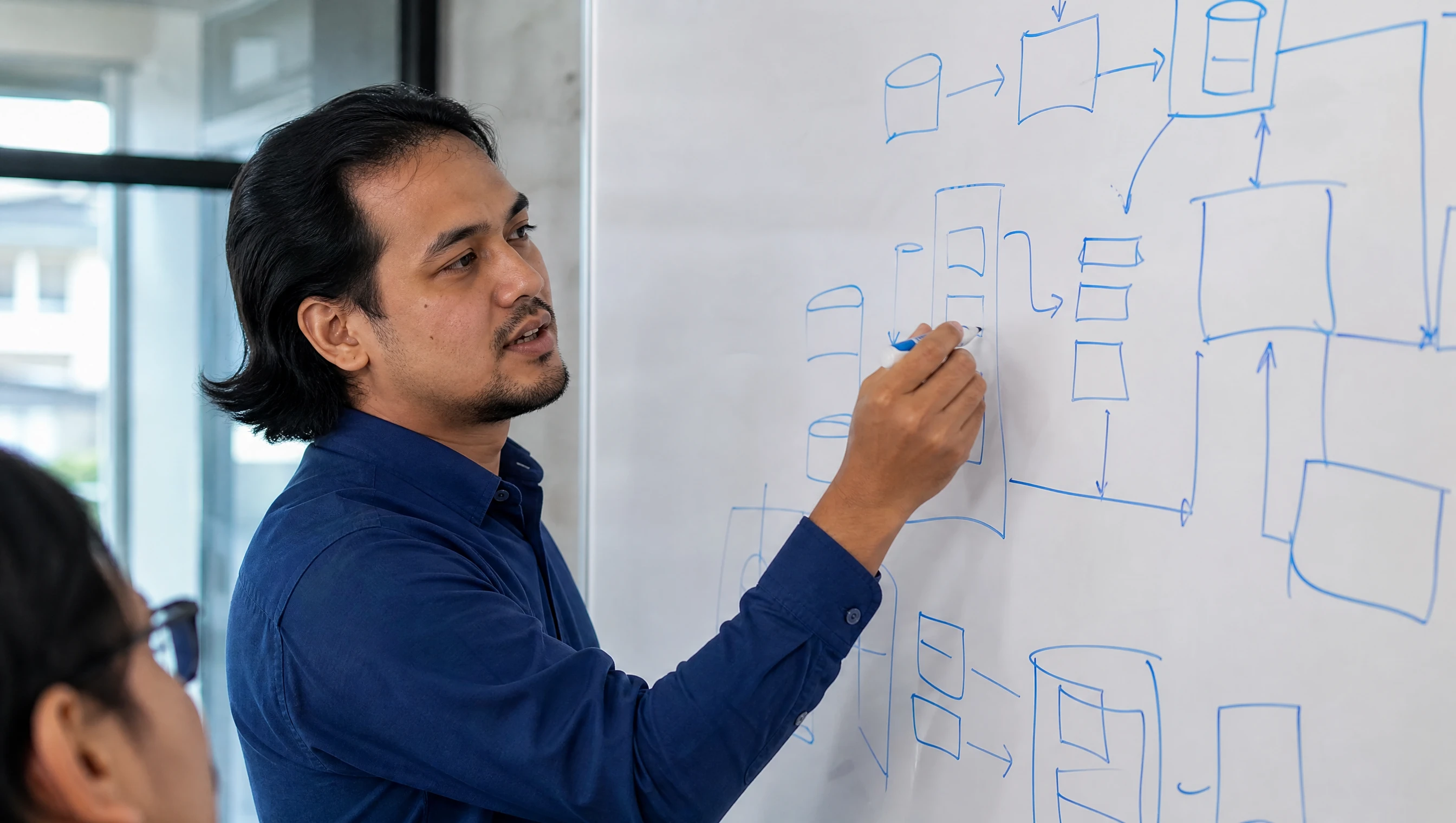 Developer sketching system architecture on a whiteboard