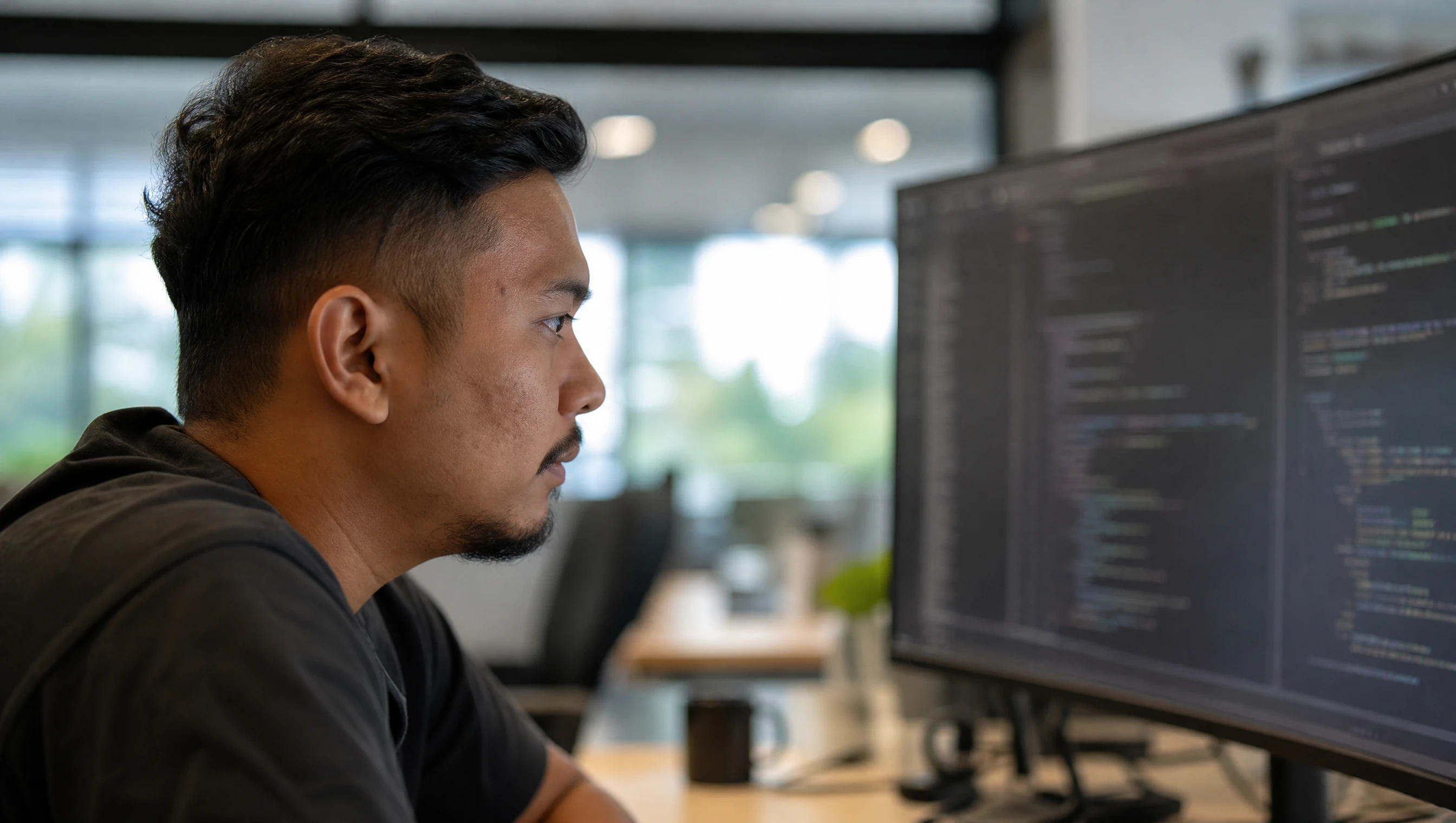 Malaysian developer writing code on a monitor