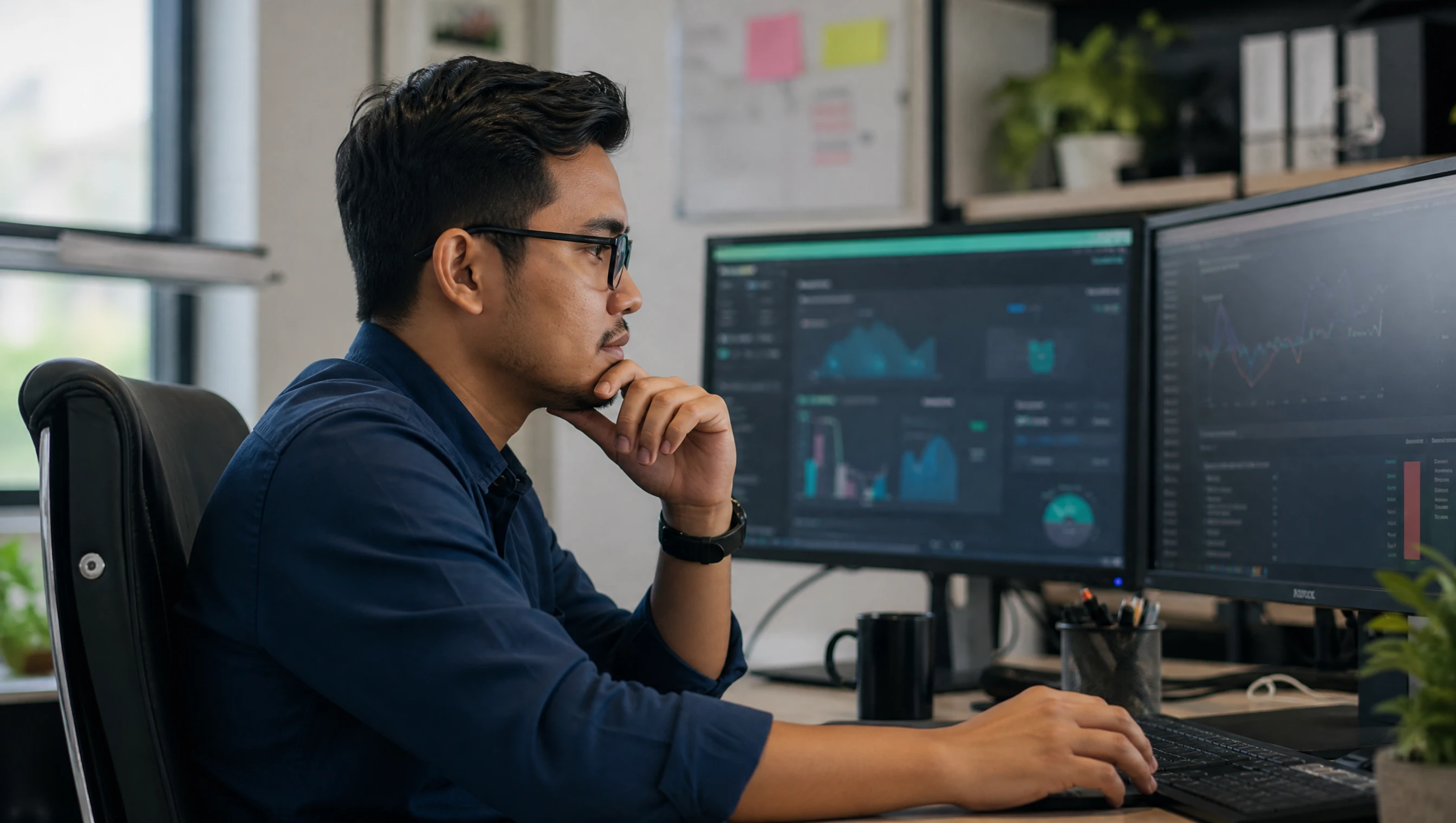 Developer monitoring system dashboards on two screens