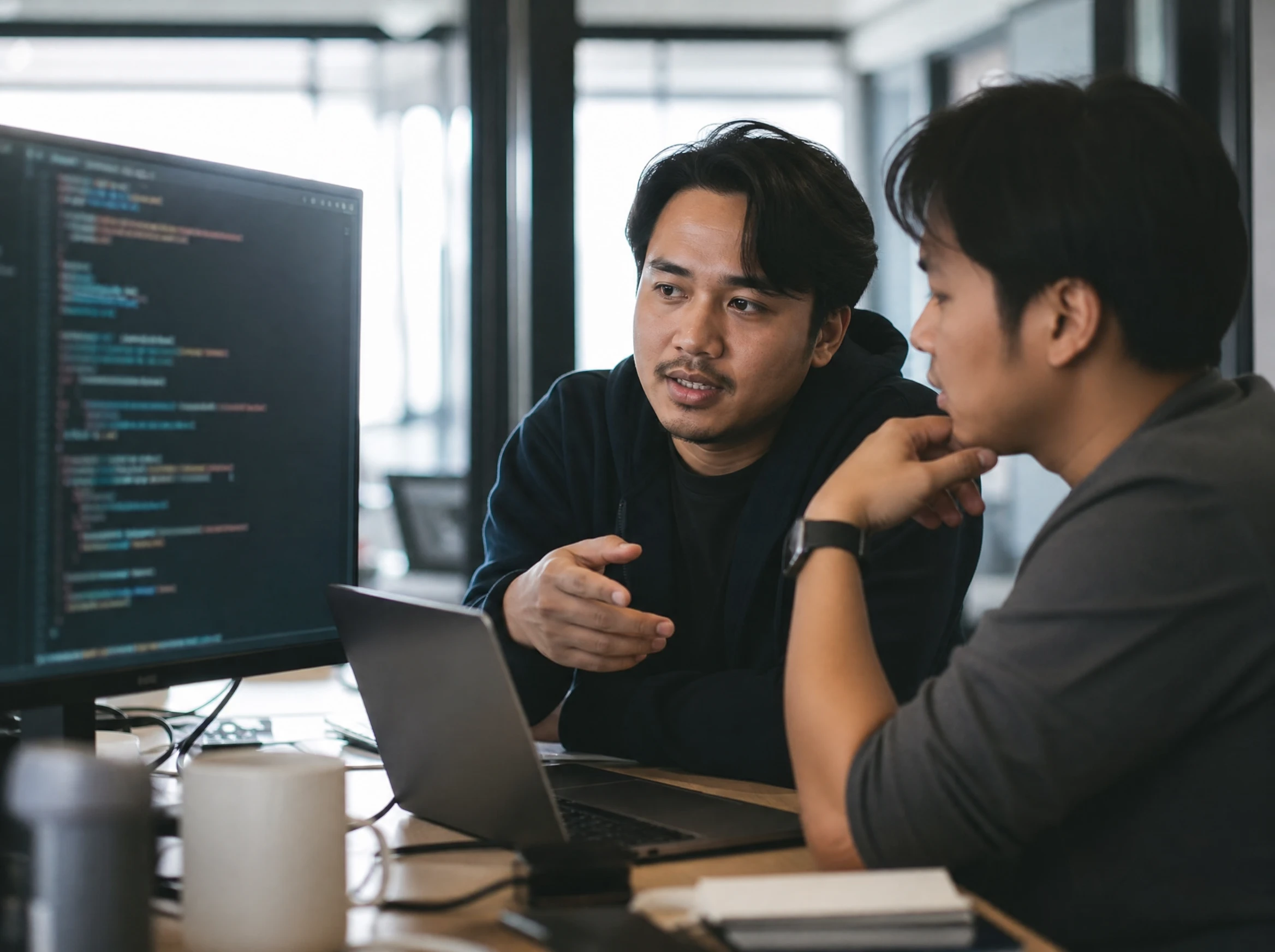 Two Malaysian developers discussing system integration
