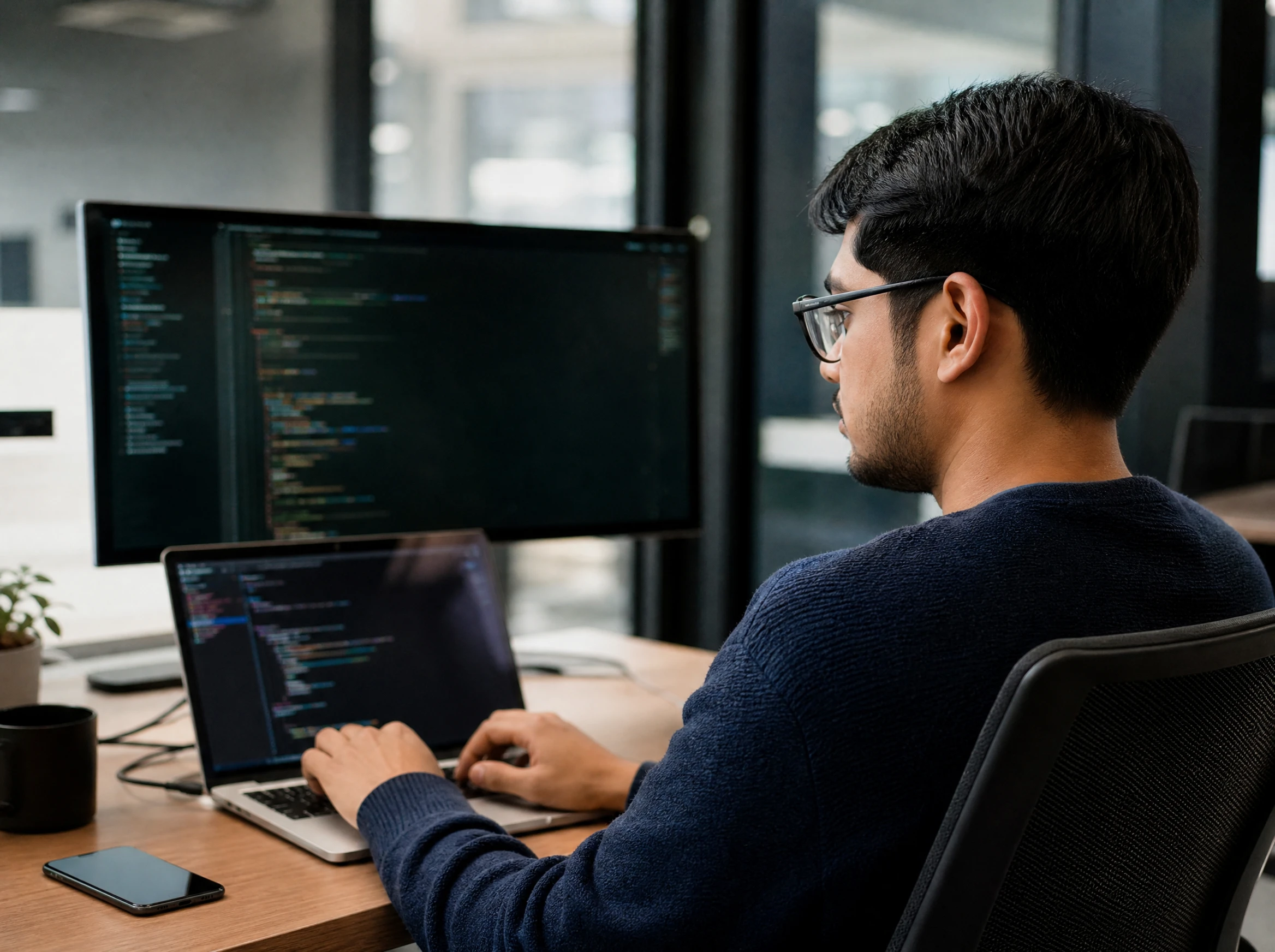 Malaysian developer coding a custom web application