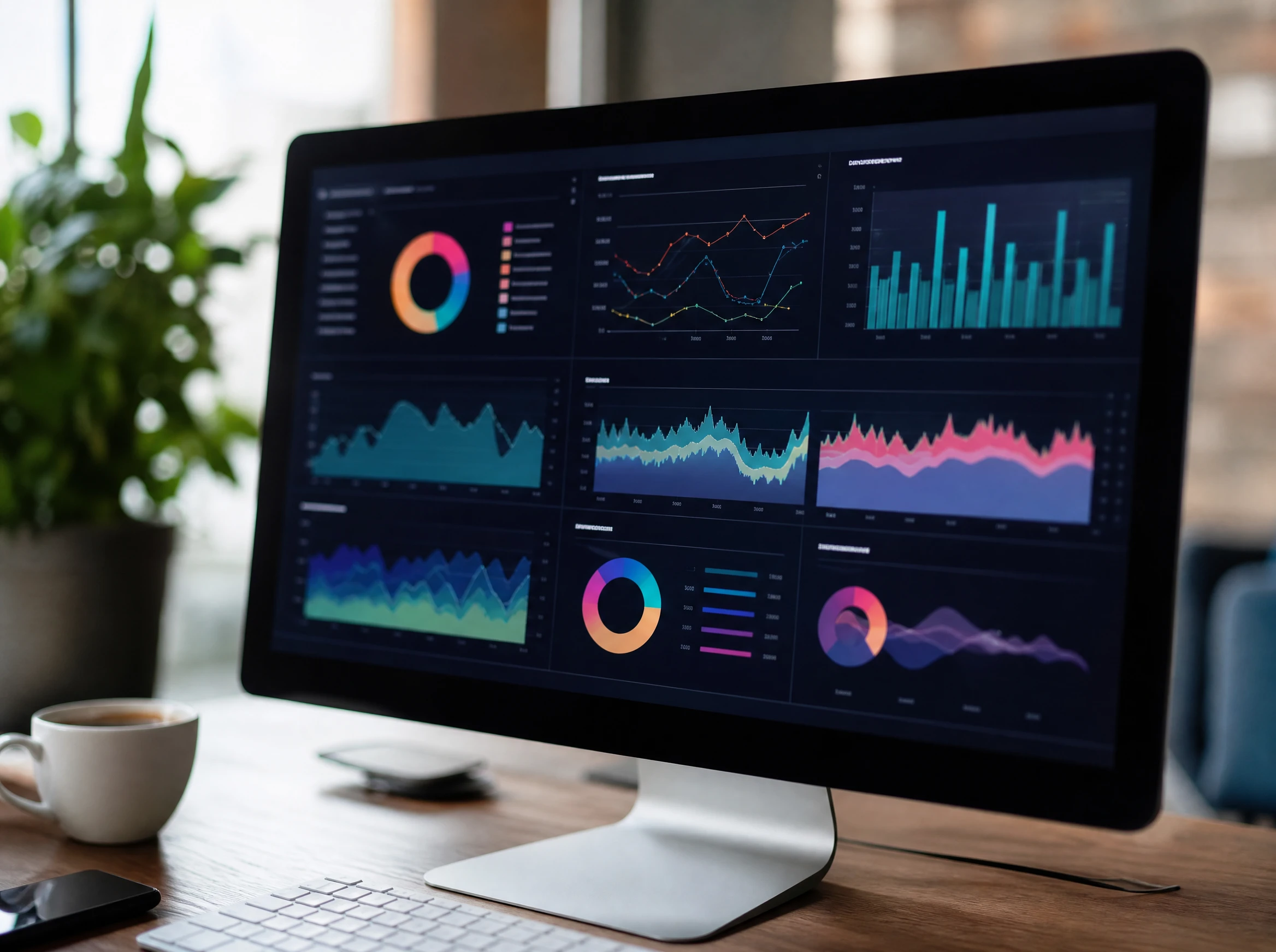 Business analytics dashboard with charts on a monitor