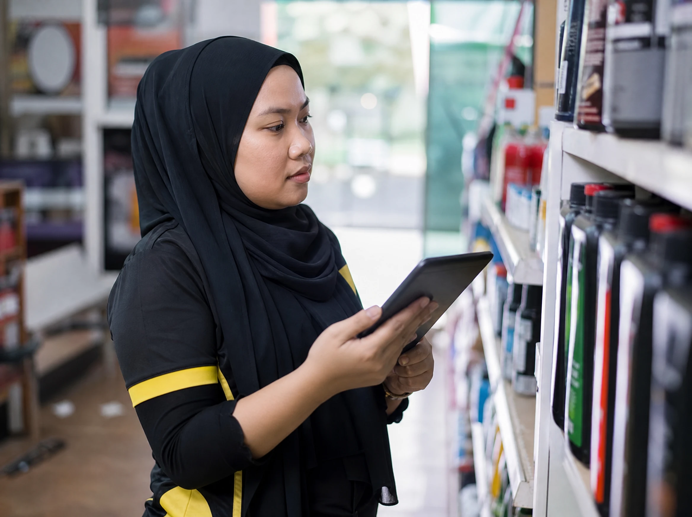 Malaysian retail staff checking stock on a tablet