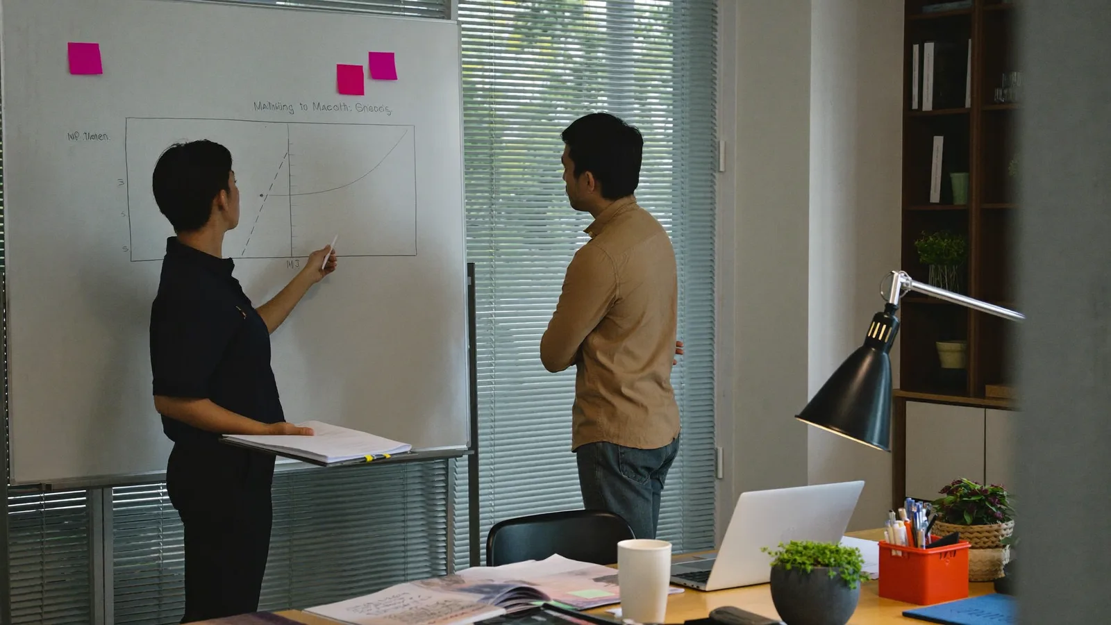 Malaysian developer and client mapping a business workflow on a whiteboard