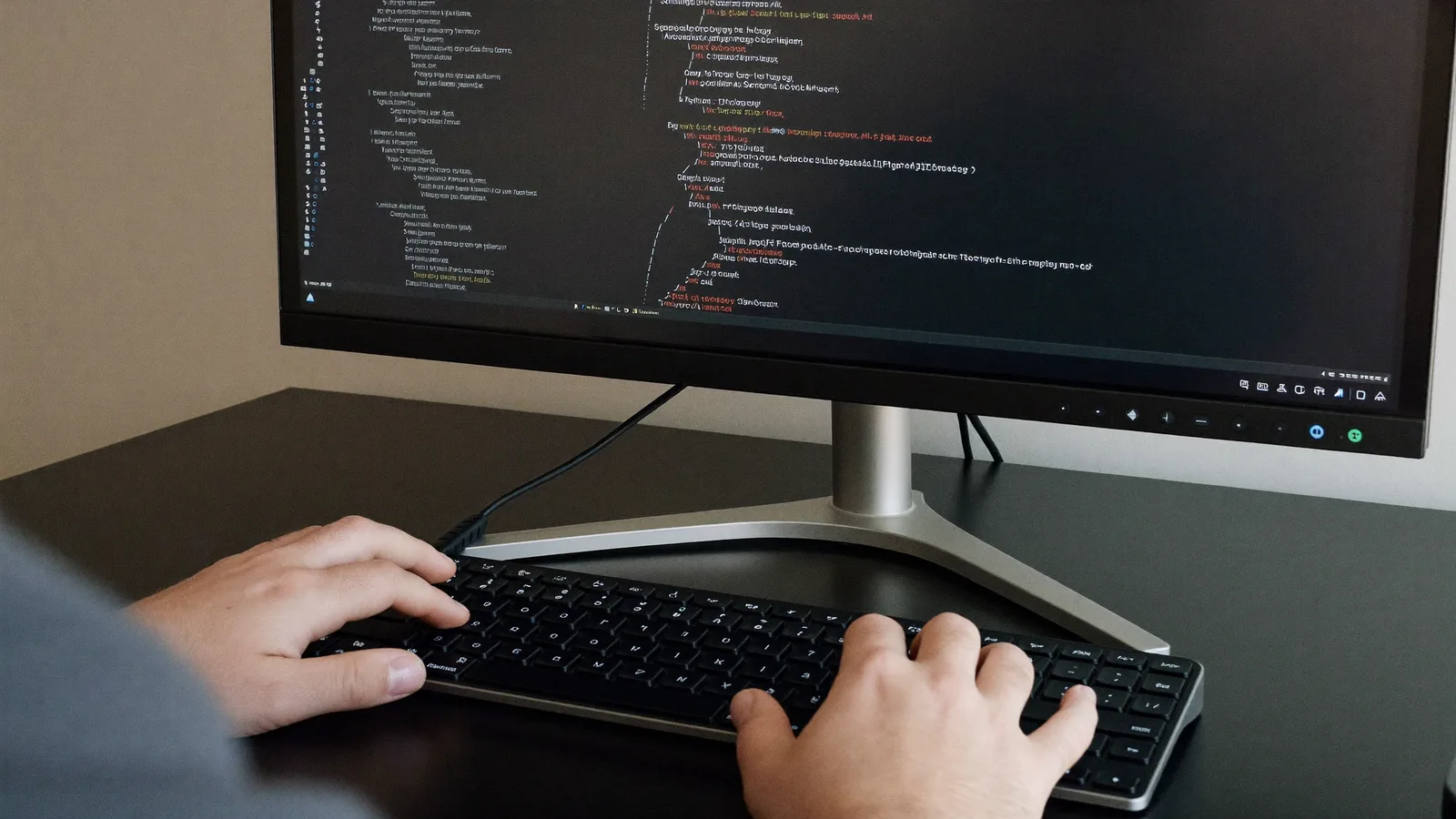 Developer writing C# code for a Windows application on a large monitor